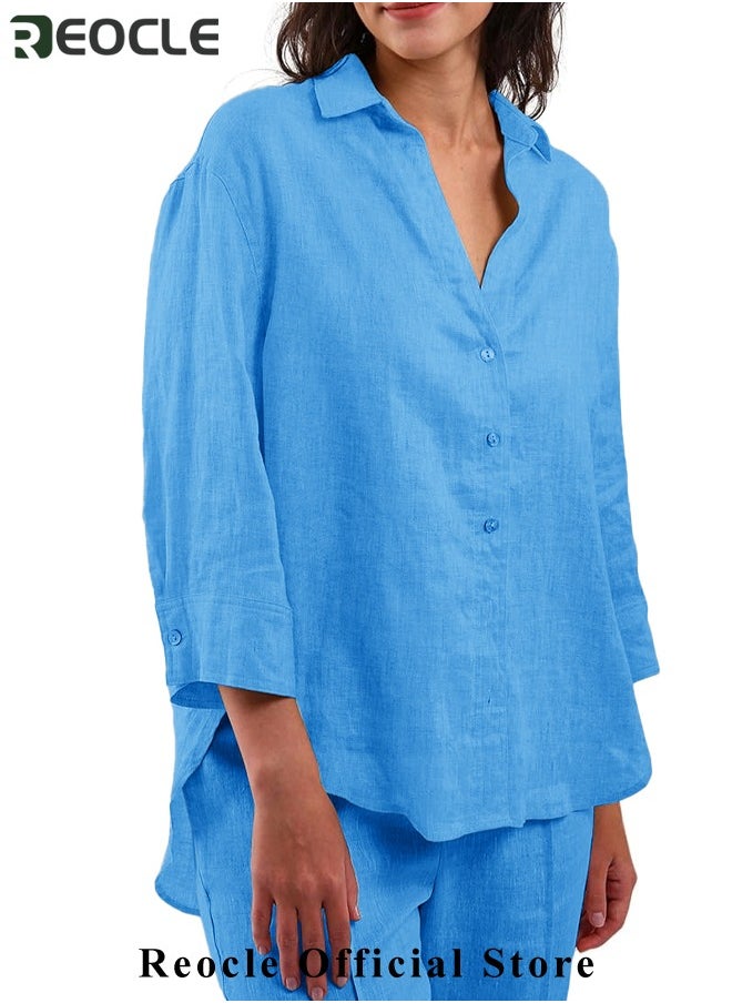 REOCLE - Women's 2 Piece Outfit Linen Lapel Long Sleeve Shirt & Wide Leg Pants Sets Spring Autumn Casual Solid Color Loungewear - Image 1