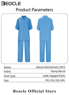 REOCLE Women's 2 Piece Outfit Linen Lapel Long Sleeve Shirt & Wide Leg Pants Sets Spring Autumn Casual Solid Color Loungewear  - Image 5