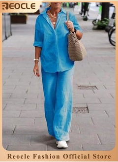 REOCLE Women's 2 Piece Outfit Linen Lapel Long Sleeve Shirt & Wide Leg Pants Sets Spring Autumn Casual Solid Color Loungewear  - Image 1