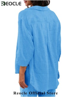REOCLE Women's 2 Piece Outfit Linen Lapel Long Sleeve Shirt & Wide Leg Pants Sets Spring Autumn Casual Solid Color Loungewear  - Image 3
