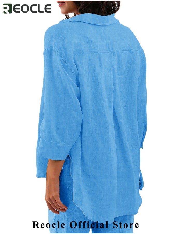 REOCLE - Women's 2 Piece Outfit Linen Lapel Long Sleeve Shirt & Wide Leg Pants Sets Spring Autumn Casual Solid Color Loungewear - Image 1