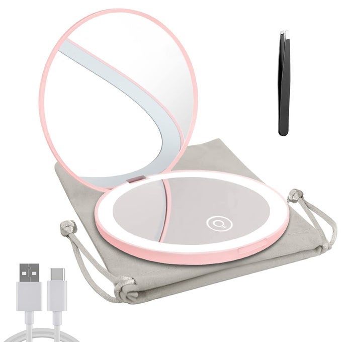 COMPACT MIRROR WITH LED LIGHT1X10X MAGNIFYING RECHARGEABLE MIRROR35IN DIMMABLE TRAVEL MIRROR FOR PURSEPOCKETHANDHELD 2SIDED MAKEUP MIRROR