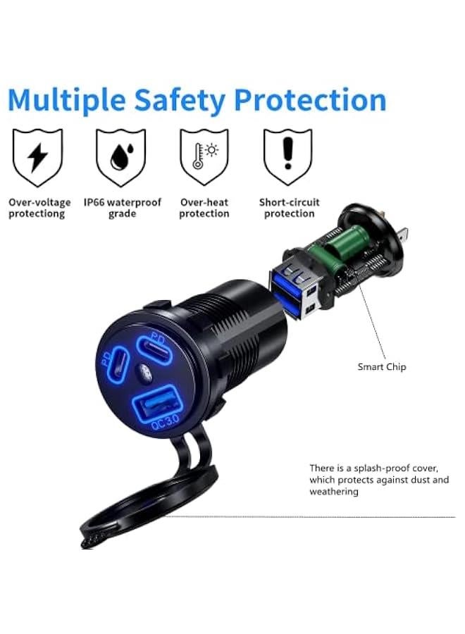 12V USB Outlet Car Charge, 108W Super Fast Dual PD3.0  QC3.0 3-Port Multiple Port for Car, USB C Cigarette Lighter Replacement 12 Volt Socket Waterproof for Marine Motorcycle RV Golf Cart - Image 5