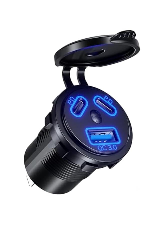 12V USB Outlet Car Charge, 108W Super Fast Dual PD3.0  QC3.0 3-Port Multiple Port for Car, USB C Cigarette Lighter Replacement 12 Volt Socket Waterproof for Marine Motorcycle RV Golf Cart - Image 1