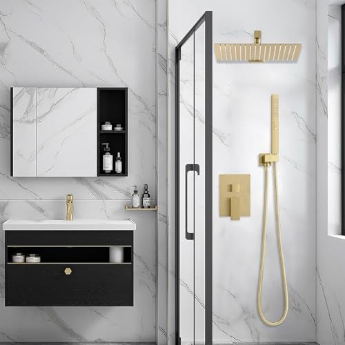 RUMOSE Brushed Gold Rainfall Shower System 12 Inch High Pressure Square Shower Head with 2 in 1 Handheld Spray Wall Mount Brass Bathroom Shower Faucet Set with cUPC Certified Roughin Valve - Image 3