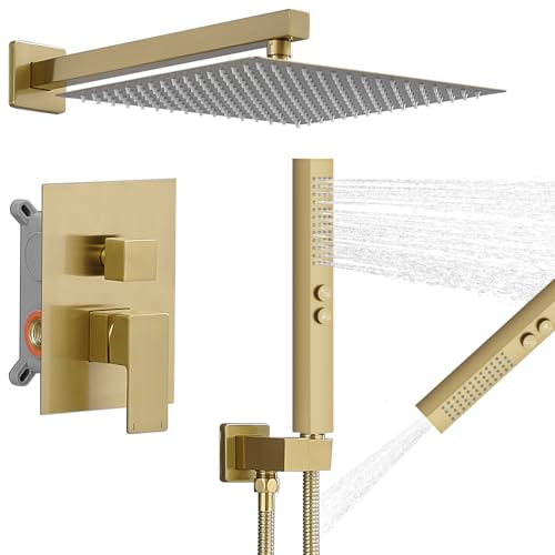 RUMOSE Brushed Gold Rainfall Shower System 12 Inch High Pressure Square Shower Head with 2 in 1 Handheld Spray Wall Mount Brass Bathroom Shower Faucet Set with cUPC Certified Roughin Valve - Image 1