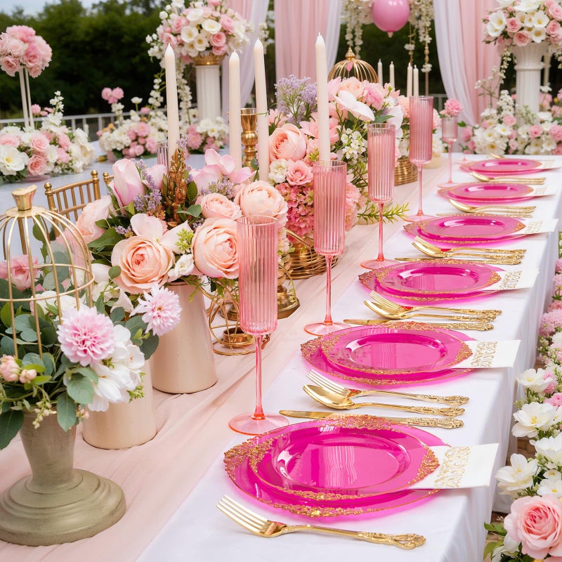 Joyido 125PCS Hot Pink Plastic Plates - Clear Pink Gold Disposable Plates - Hot Pink Party Plate with Gold Plastic Silverware Set for 25 Guests for Wedding Birthday Party - Image 4
