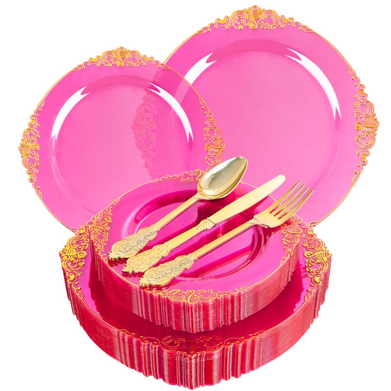 Joyido 125PCS Hot Pink Plastic Plates - Clear Pink Gold Disposable Plates - Hot Pink Party Plate with Gold Plastic Silverware Set for 25 Guests for Wedding Birthday Party - Image 1