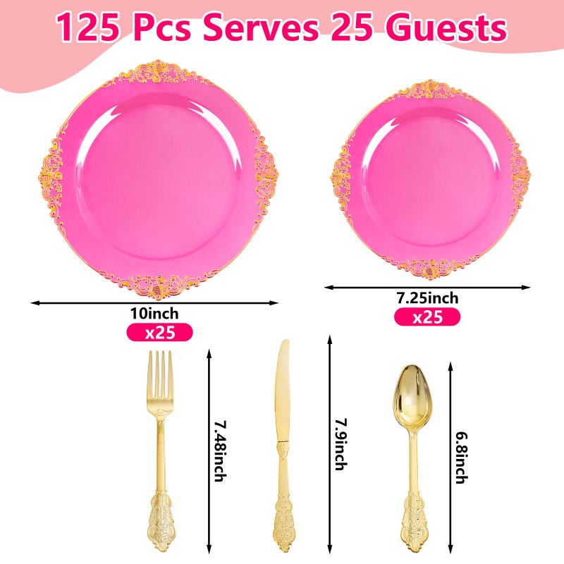 Joyido 125PCS Hot Pink Plastic Plates - Clear Pink Gold Disposable Plates - Hot Pink Party Plate with Gold Plastic Silverware Set for 25 Guests for Wedding Birthday Party - Image 3