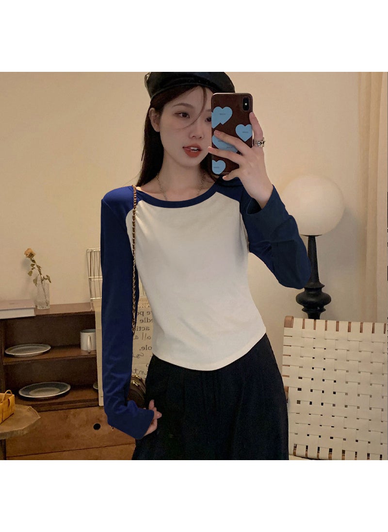 Generic - 2023 Autumn New Pure Cotton Studying Color Blocking Slim Fit Long Sleeve Inner Outer Wear Versatile Hong Kong Flavor T-Shirt For Dark blue - Image 1