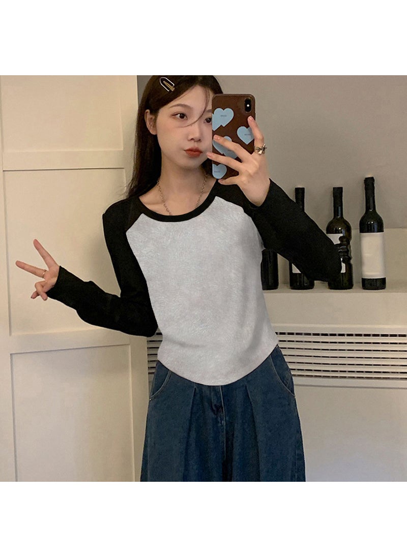 Generic - 2023 Autumn New Pure Cotton Studying Color Blocking Slim Fit Long Sleeve Inner Outer Wear Versatile Hong Kong Flavor T-Shirt For Dark blue - Image 1