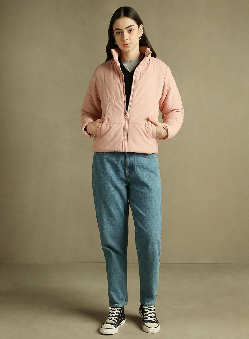 Dennis Lingo Women's Peach 100% Polyester Solid Regular Fit Jacket