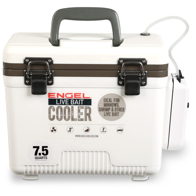 Engel 7.5qt Live Bait Cooler Box with 2nd Gen 2-Speed Aerator Pump - Portable Fishing Station & Minnow Bucket for Shrimp & Other Live Fish with Aerator - ENGLBC7-N in White - Image 1