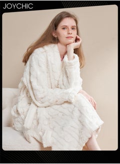Joychic Autumn and Winter Jacquard Coral Velvet Thickened Warm Pajamas for Women Fashion Green Fruit Collar Long-Sleeved Skin-friendly Bedroom Sleep Robe with Pockets White  - Image 1