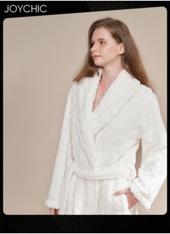 Joychic Autumn and Winter Jacquard Coral Velvet Thickened Warm Pajamas for Women Fashion Green Fruit Collar Long-Sleeved Skin-friendly Bedroom Sleep Robe with Pockets White  - Image 3