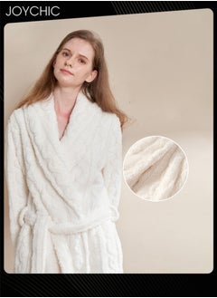 Joychic Autumn and Winter Jacquard Coral Velvet Thickened Warm Pajamas for Women Fashion Green Fruit Collar Long-Sleeved Skin-friendly Bedroom Sleep Robe with Pockets White  - Image 2
