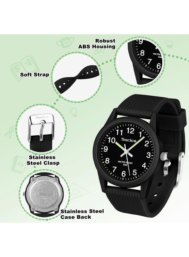 SOCICO Kids Analog Watch for Boys Girls, Easy to Read Learning Time Watch, 50M Waterproof, Soft Band Wristwatch for Ages 4-12, Great Gift for Children, Black, Minimalist - Image 4
