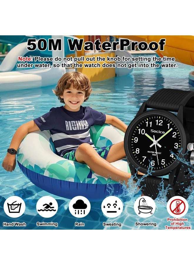 SOCICO Kids Analog Watch for Boys Girls, Easy to Read Learning Time Watch, 50M Waterproof, Soft Band Wristwatch for Ages 4-12, Great Gift for Children, Black, Minimalist - Image 2