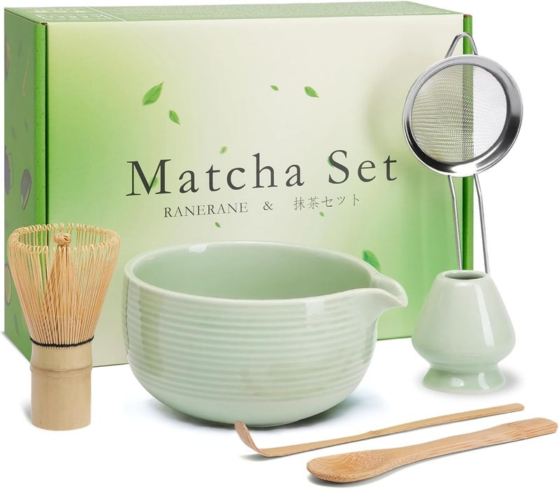 RANERANE Matcha Whisk and Bowl with Ceramic Matcha Whisk Holder,Matcha Sifter, Matcha Spoon and Scoop Handmade from Natural Bamboo,Matcha Making Kit Cyan, Normal, ZYMC6Pcs01-Cyan - Image 1