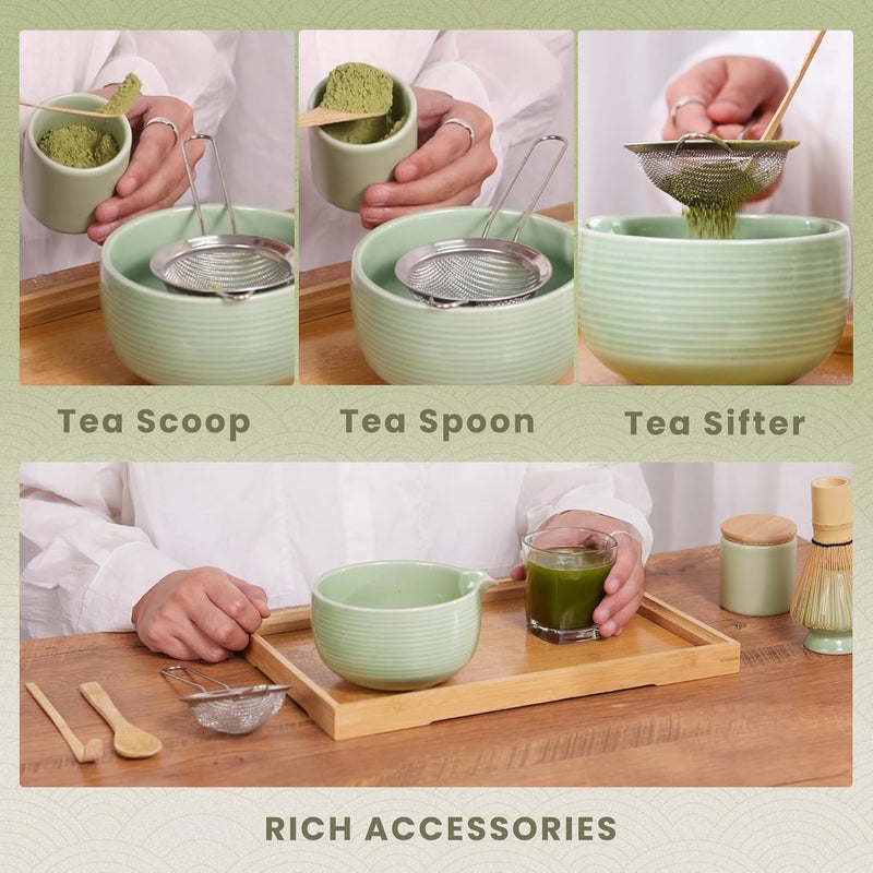 RANERANE Matcha Whisk and Bowl with Ceramic Matcha Whisk Holder,Matcha Sifter, Matcha Spoon and Scoop Handmade from Natural Bamboo,Matcha Making Kit Cyan, Normal, ZYMC6Pcs01-Cyan - Image 5
