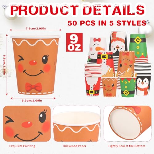 FOIMAS 50 PCS Christmas Paper Cups 9 OZ Disposable Christmas Coffee Cups with Snowman Penguin Santa Claus Cup for Xmas Holiday Winter Party Supplies Hot and Cold Drinks Beverage - Image 3