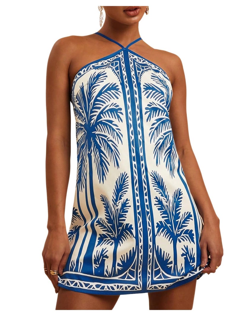 MakeMeChic Women's Backless Dress Tropical Vacation Outfits Halter Cami Summer Boho Beach Mini Dresses Blue and White Large - Image 1