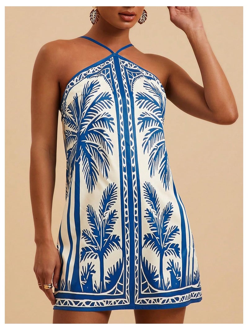 MakeMeChic Women's Backless Dress Tropical Vacation Outfits Halter Cami Summer Boho Beach Mini Dresses Blue and White Large - Image 4