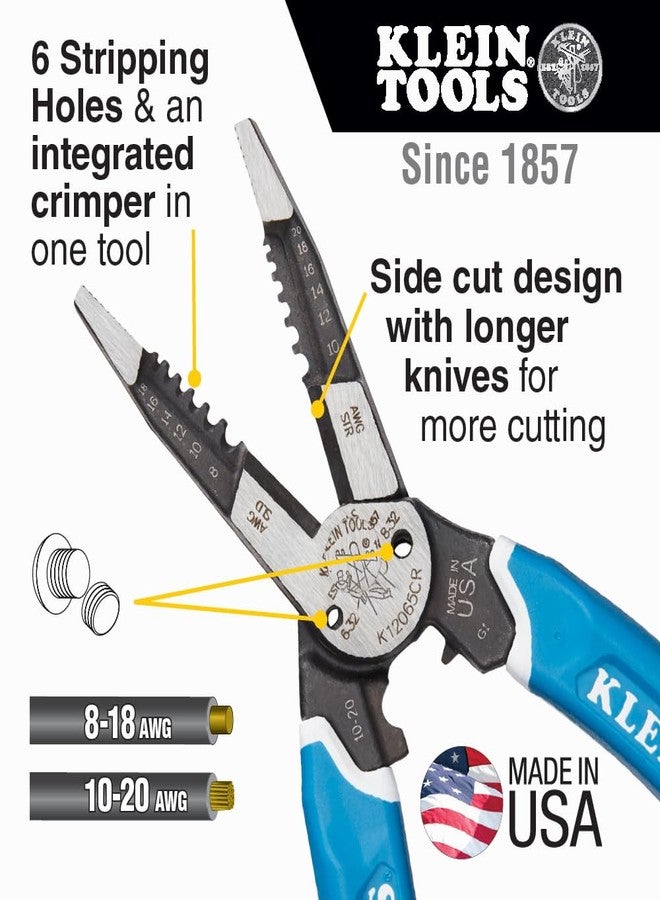Klein Tools K12065CR Wire Stripper / Cutter / Crimper Tool, Made in USA, for Cutting, Stripping, Crimping, Twisting (8-18 AWG solid, 10-20 AWG stranded) - Image 2