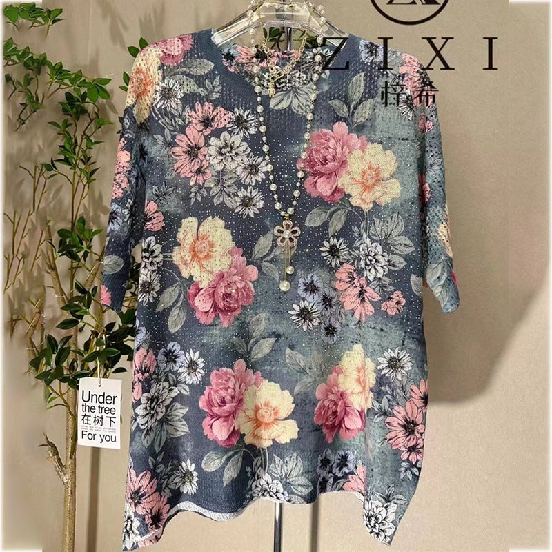 Plus Size Printed Round Neck Short Sleeve T-Shirt Women'S 2023 New Summer Loose Fashion Drilling Cotton And Linen Knitted Top - Image 5