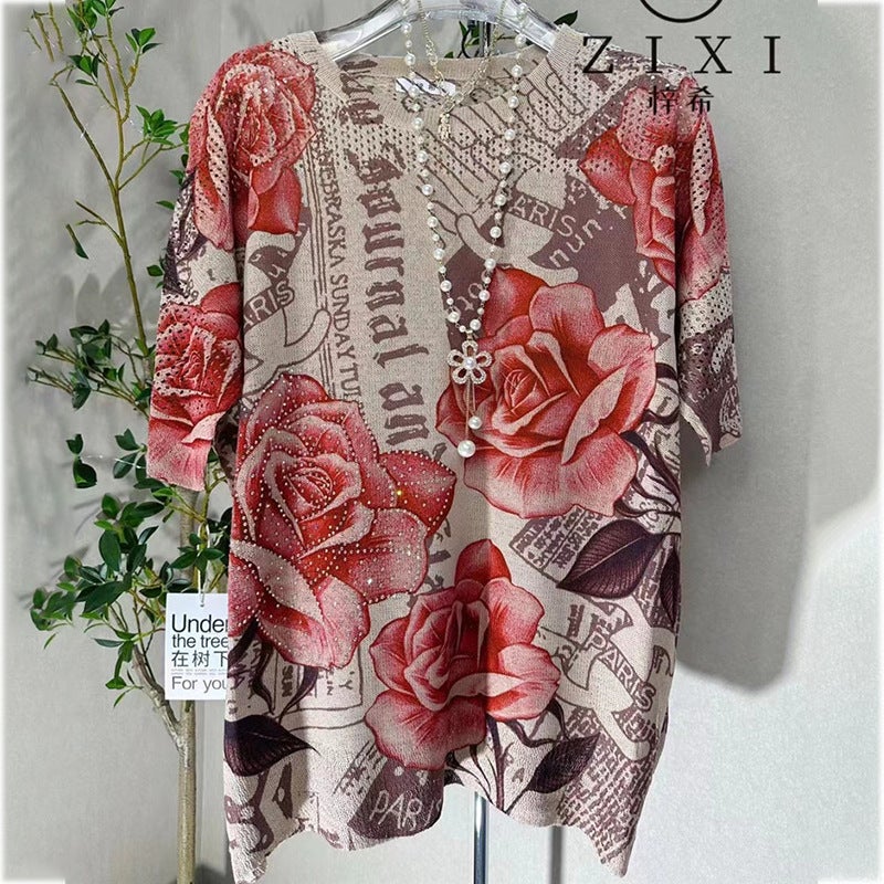 Plus Size Printed Round Neck Short Sleeve T-Shirt Women'S 2023 New Summer Loose Fashion Drilling Cotton And Linen Knitted Top - Image 2