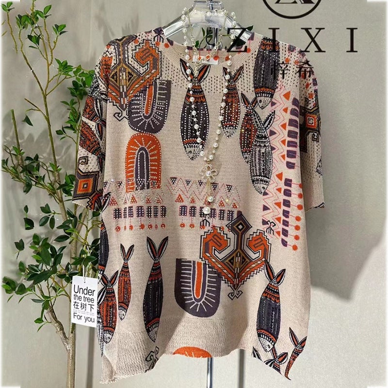 Plus Size Printed Round Neck Short Sleeve T-Shirt Women'S 2023 New Summer Loose Fashion Drilling Cotton And Linen Knitted Top - Image 1