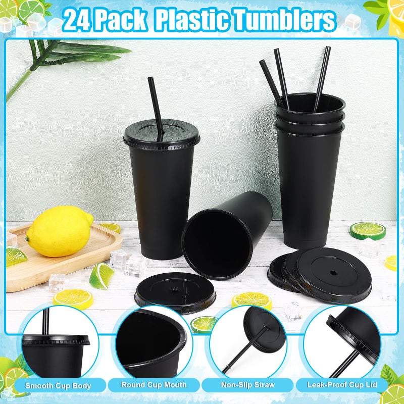 LEIFEOSH 24 Pack Plastic Tumblers with Lids and Straw, Reusable Cups with Lids and Straws Colorful Cups for Cold Drink Iced Coffee, Plastic Tumbler Bulk for Party Birthday Gifts (24 oz, Stylish Colors-Black) - Image 2
