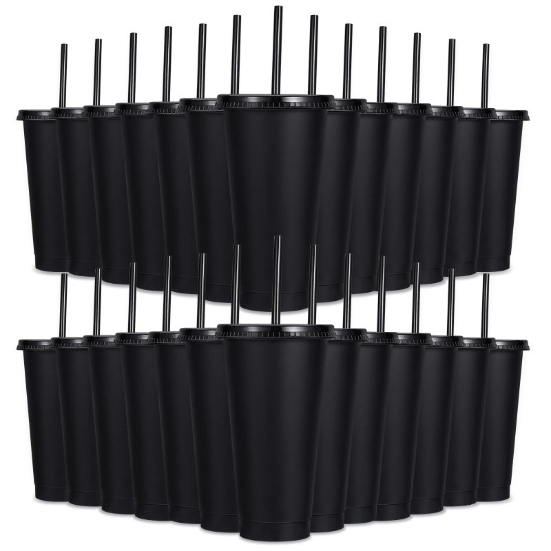LEIFEOSH 24 Pack Plastic Tumblers with Lids and Straw, Reusable Cups with Lids and Straws Colorful Cups for Cold Drink Iced Coffee, Plastic Tumbler Bulk for Party Birthday Gifts (24 oz, Stylish Colors-Black) - Image 1