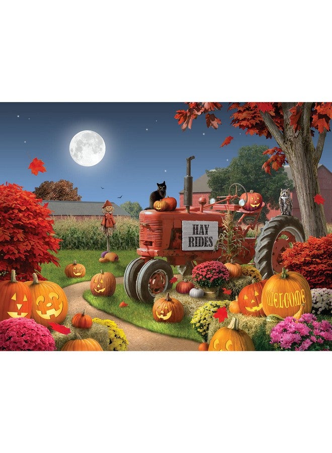 بيتس آند بيسيز قطع وقطع - أحجية الصور المقطوعة من 500 قطعة للبالغين 18 بوصة × 24 بوصة - هابي هولو - 500 قطعة من مزرعة الهالوين واليقطين والقرع والفانوس والجرار والقط والخريف وزهرة الخريف والذرة والقمر والليل من تصميم الفنان آلان جيانا - Image 1