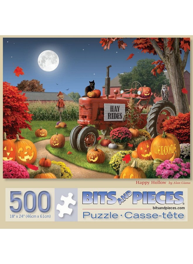 بيتس آند بيسيز قطع وقطع - أحجية الصور المقطوعة من 500 قطعة للبالغين 18 بوصة × 24 بوصة - هابي هولو - 500 قطعة من مزرعة الهالوين واليقطين والقرع والفانوس والجرار والقط والخريف وزهرة الخريف والذرة والقمر والليل من تصميم الفنان آلان جيانا - Image 2