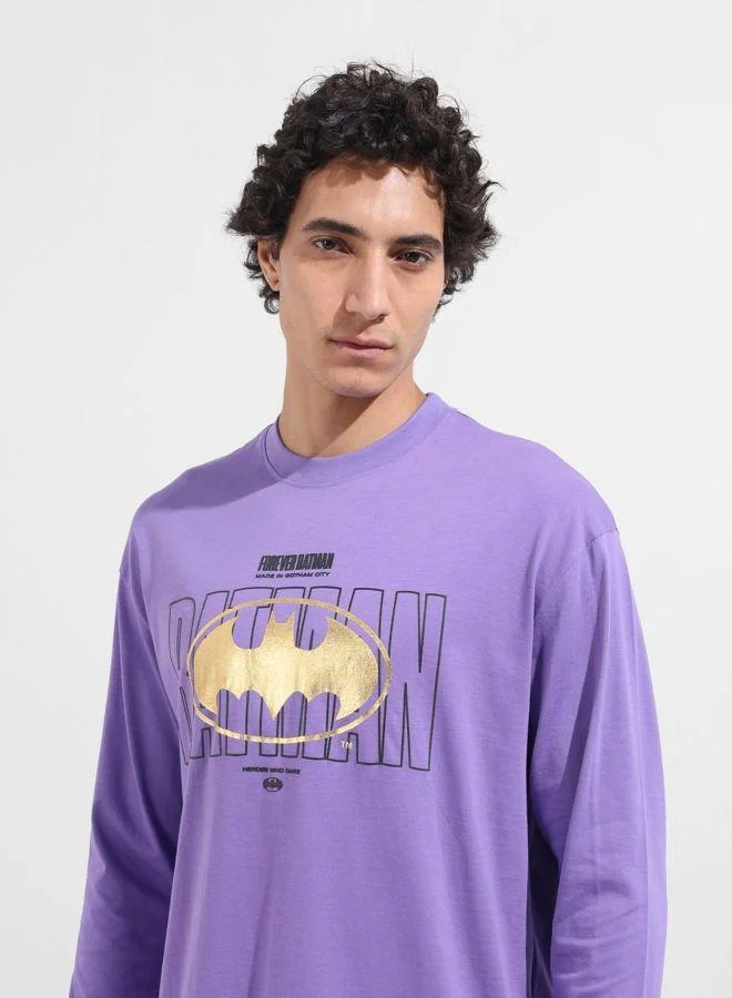 The Indian Garage Co Men Oversized Fit Batman Printed Crew Neck Full Sleeves T-Shirt