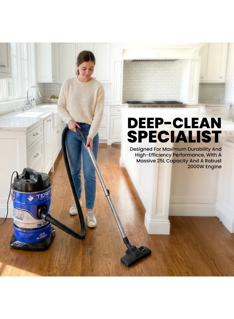 TEAM Heavy‑Duty Vacuum Cleaner 25L, 2000W Powerful Suction, Copper Motor, Wet & Dry Vacuum, Telescopic Tube, Dust Indicator, Air Blowing Function, High Efficiency Cleaning Machine - Image 2