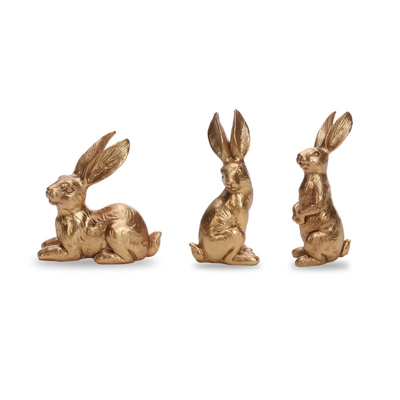 DN DECONATION Resin Gold Bunny Decor Rabbit Figurines Small Easter Bunny Figurine Set of 3 Vintage Easter Rabbit Statue Table Home Decoration