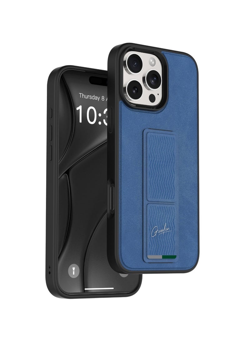 GREEN LION iPhone 16 Pro Max Case Grip-X Multi-Functional Kickstand Cover / Camera Protection / Drop Protection / Leather Finish / Raised Edges / Anti Scratch / Soft Touch - Blue