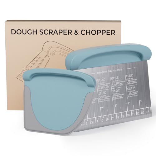 BIGFIT 2 IN 1 Upgrade Bench Scraper, Dough Scraper for Pastry Bread Cake Pizza, Stainless Steel Dough Cutter with Conversion Chart & Measuring Scale, Bowl Scraper Food Scraper for Kitchen Baking, Blue - Image 1
