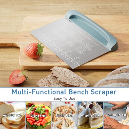 BIGFIT 2 IN 1 Upgrade Bench Scraper, Dough Scraper for Pastry Bread Cake Pizza, Stainless Steel Dough Cutter with Conversion Chart & Measuring Scale, Bowl Scraper Food Scraper for Kitchen Baking, Blue - Image 3