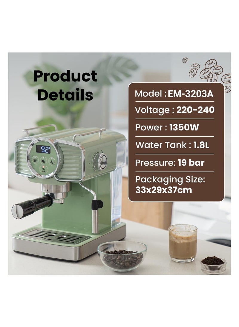 Expresso - EXPRESSO Art Espresso Coffee Machine EM3203A - 20 Bar, Digital Display, Steam Wand, 1.8L Water Tank, German Quality, 220-240V, Home Café (Green) - Image 1