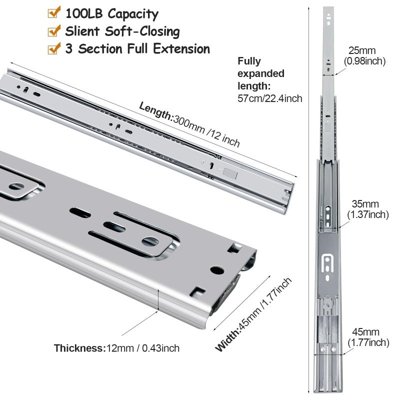 FCOUMY 12 Inch Soft Close Drawer Slides 6 Pairs Ball Bearing Full Extension Cabinet Drawer Slides 3 Fold, Side Mount, 100 Lb Capacity Heavy Duty Drawer Slide 12"" - Image 2