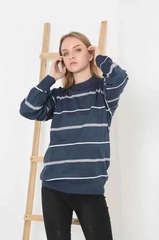 Adisia Unisex Thin Striped Crew Neck Knitwear Sweater - Navy Blue