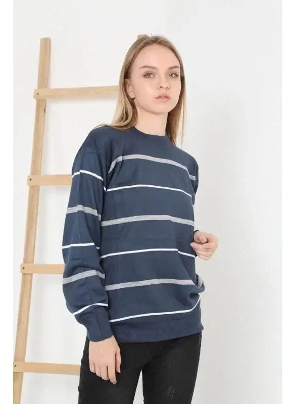 Adisia Unisex Thin Striped Crew Neck Knitwear Sweater - Navy Blue