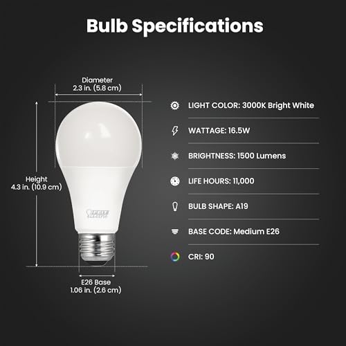 Feit Electric A19 100W Equivalent LED Light Bulbs, Non-Dimmable, 3000k Bright White, 1600 Lumens, 10 Year Lifetime, E26 Base, CRI 90, UL Listed, Damp Rated, 6 Pack, OM100/930CA10K/6 - Image 2