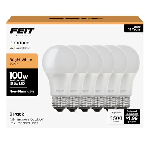 Feit Electric A19 100W Equivalent LED Light Bulbs, Non-Dimmable, 3000k Bright White, 1600 Lumens, 10 Year Lifetime, E26 Base, CRI 90, UL Listed, Damp Rated, 6 Pack, OM100/930CA10K/6 - Image 1