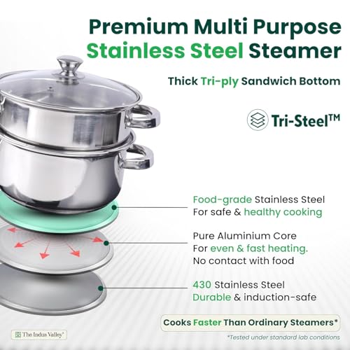 The Indus Valley. Stainless Steel Steamer 2 Tier with Glass Lid for modak,momo maker, veggies steamer, Khandvi, Kolukattai, Idiyappam | 21cm, 1.4kg | Gas & Induction Friendly | 3-Layer Thick Bottom - Image 2