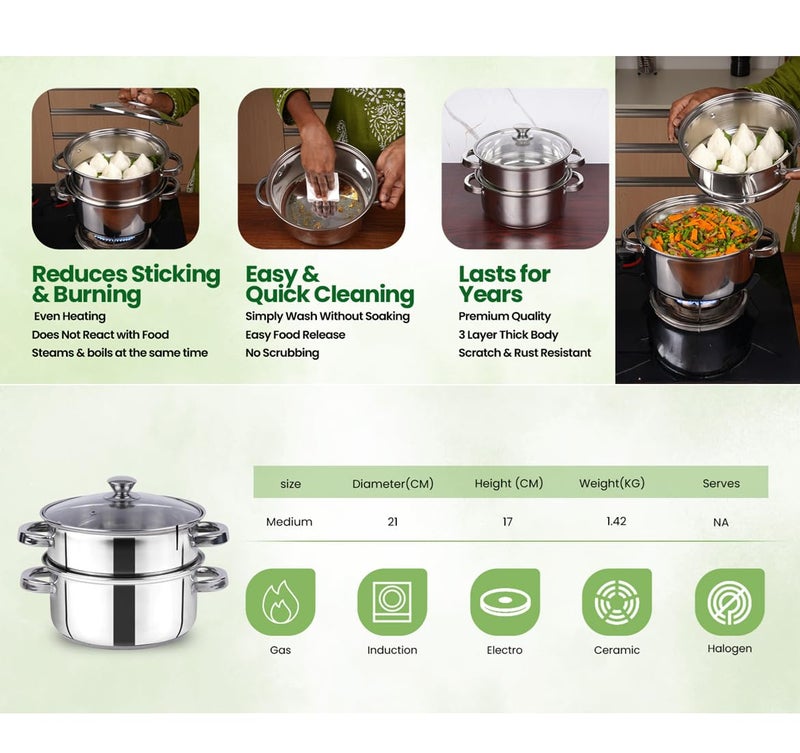The Indus Valley. Stainless Steel Steamer 2 Tier with Glass Lid for modak,momo maker, veggies steamer, Khandvi, Kolukattai, Idiyappam | 21cm, 1.4kg | Gas & Induction Friendly | 3-Layer Thick Bottom - Image 3