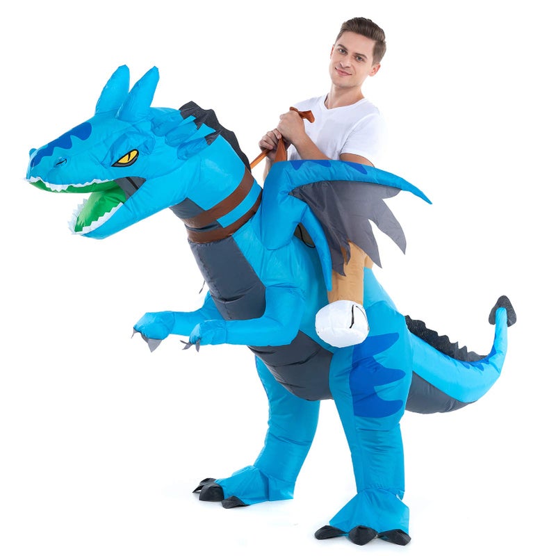 Inflatable Dragon Costume Adult Men Women Blow Up Ride on Dragon Costume Youth Riding Halloween Rider Costume Blue